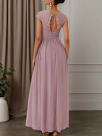 Pink Ruched Lace Chiffon Crew Neck Cap Sleeve A-Line Maxi Bridesmaid Dress