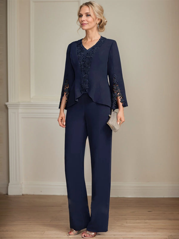 Conjunto de dos piezas mono/pantalón con escote en V, largo hasta el suelo, de gasa para madre de la novia