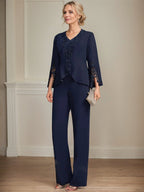 Conjunto de dos piezas mono/pantalón con escote en V, largo hasta el suelo, de gasa para madre de la novia