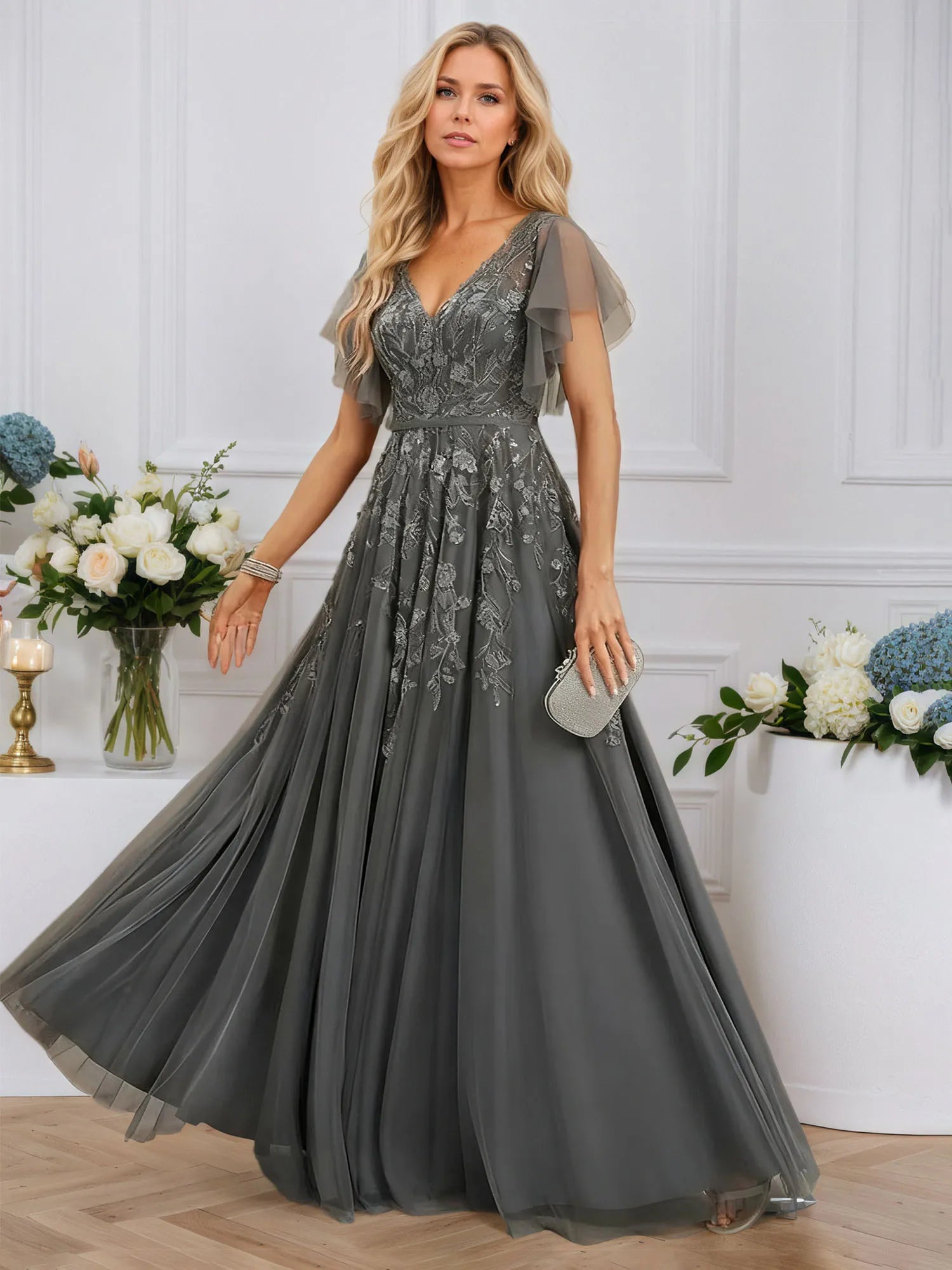 A-line V-Neck Floor-Length Tulle Lace Evening Dress With Sequins