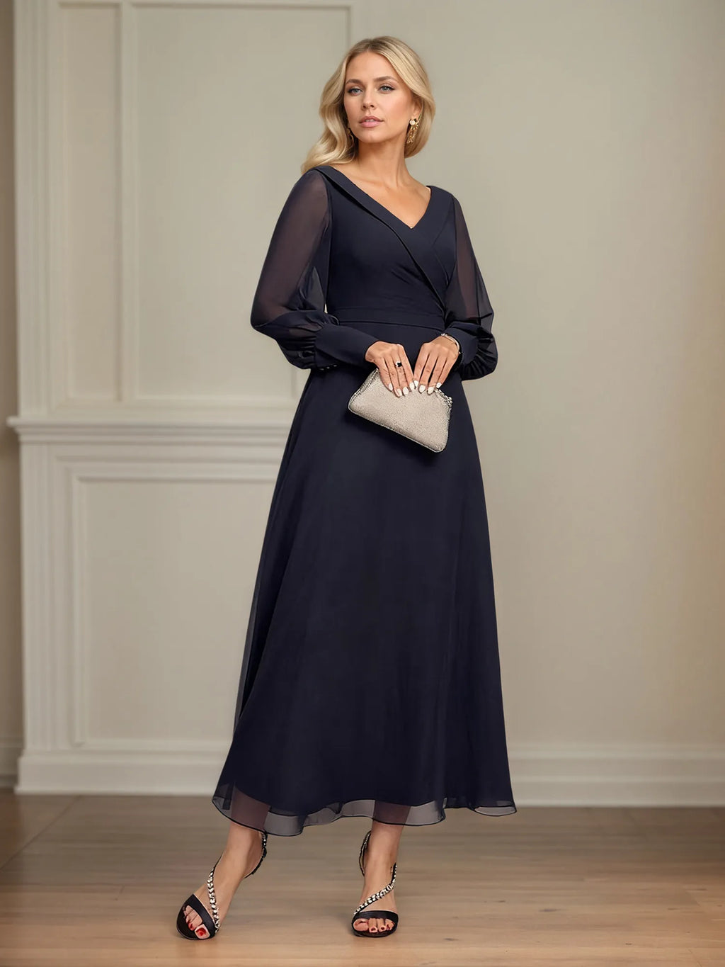 A-line V-Neck Collared Ankle-Length Chiffon Mother of the Bride Dress With Pleated