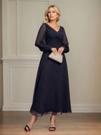 A-line V-Neck Collared Ankle-Length Chiffon Mother of the Bride Dress With Pleated