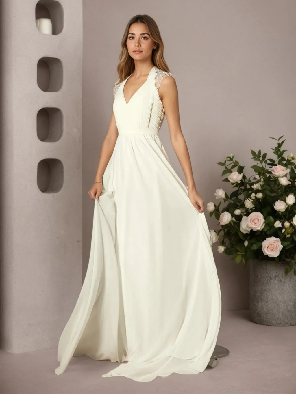 Cremefarbenes, plissiertes Chiffonkleid in A-Linie