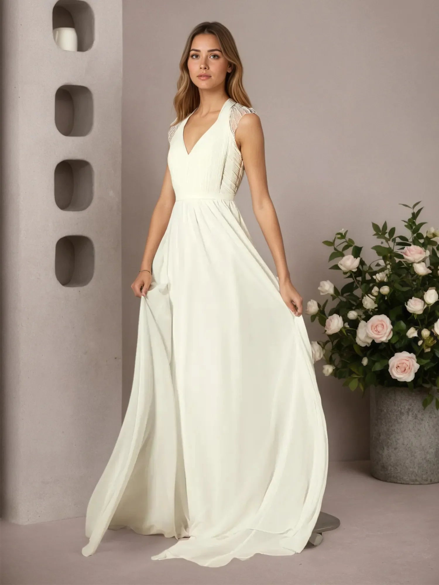 Abito crema a linea A in chiffon plissettato