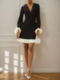 Black Ruffled Classic V Neck Long Sleeve A-Line Mini Dress