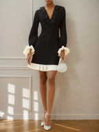 Black Ruffled Classic V Neck Long Sleeve A-Line Mini Dress