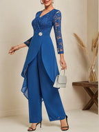 Conjunto de dos piezas para mujer: top azul de encaje con escote en V y mangas tres cuartos para madre del novio o la novia con pantalones