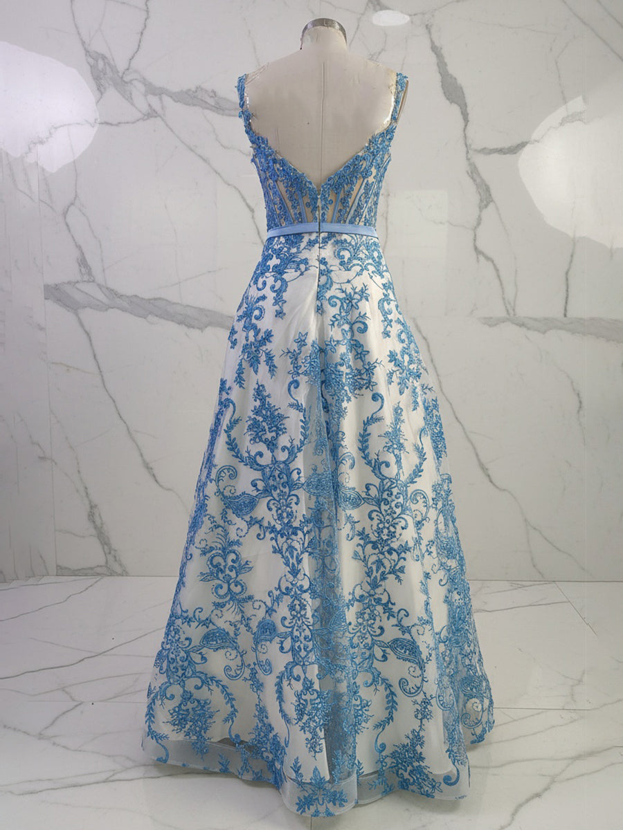 Blaues florales A-Linien Barock-Spitzen langes Korsett Ballkleid