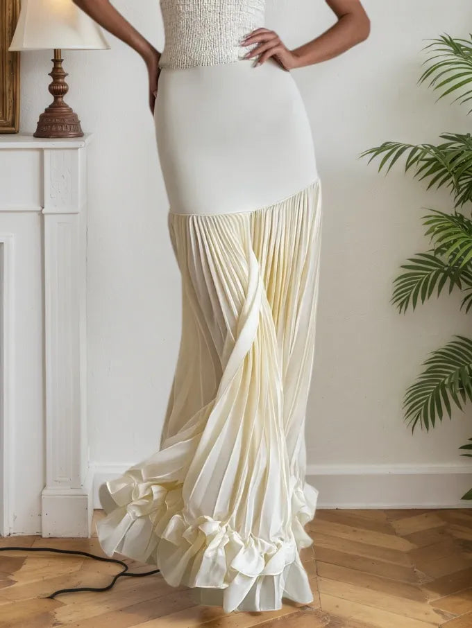 Off White Ruched Split Joint Knit Spaghetti Sleeveless Sheath Maxi Dress