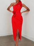 Robe midi rouge à fleurs 3D, une épaule, fourreau