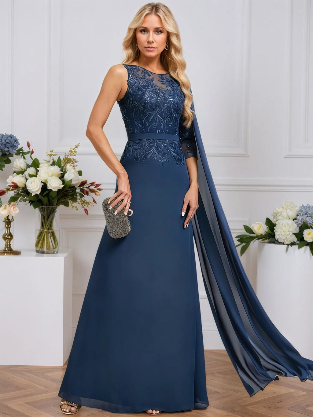 A-line Scoop Neck Floor-Length Chiffon Evening Dress With Sequins Appliques
