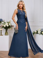 A-line Scoop Neck Floor-Length Chiffon Evening Dress With Sequins Appliques