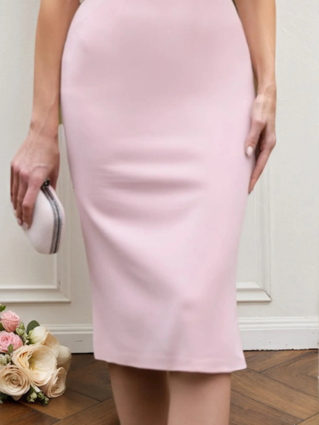 Abito da invitata al matrimonio rosa senza spalline al ginocchio