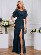 Sheath/Column Scoop Illusion Floor-Length Chiffon Lace Evening Dress With Pleated Sequins Beading