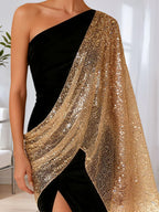 One-Shoulder Velvet & Gold Sequin Cape Maxi Gown with High Slit Formal Evening Dress