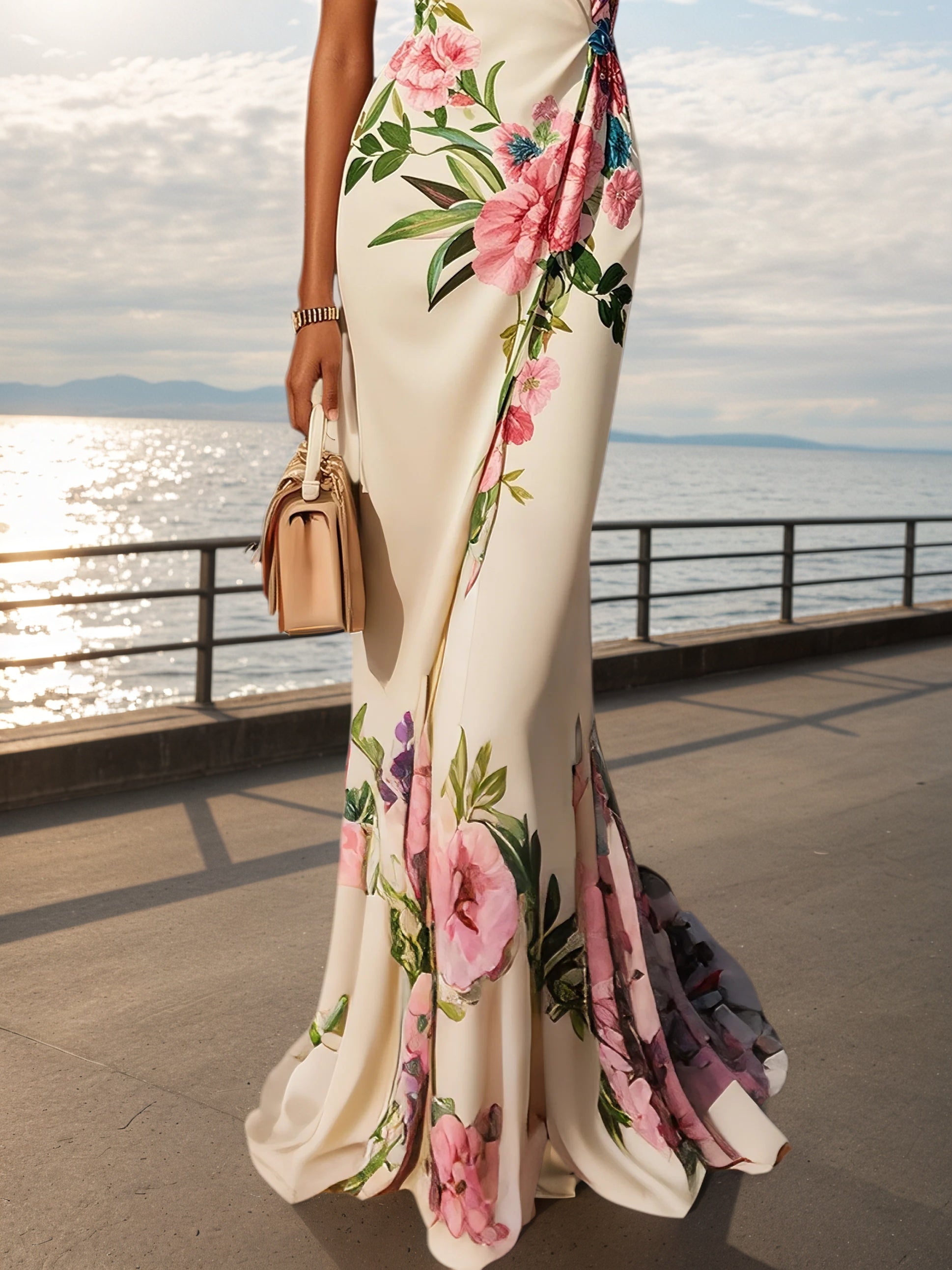 Vestido rosa com estampa floral, decote em V cruzado, sem mangas, estilo sereia