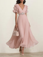 A Line Pink Chiffon V Neck Rhinestone Ruffle Sleeve Ankle Length Dress