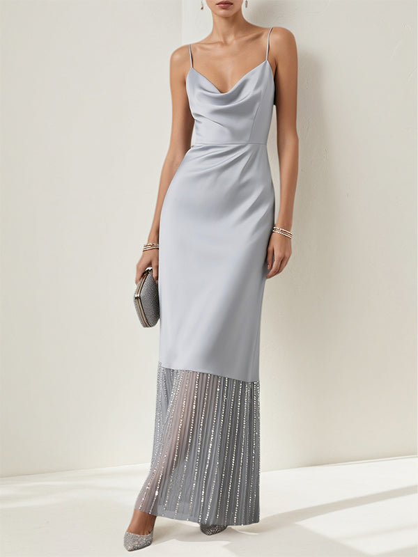 A-Linien silbernes Satin-Kleid mit Spaghettiträgern, ärmellos, bodenlang, mit Pailletten