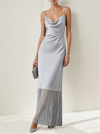 A-Linien silbernes Satin-Kleid mit Spaghettiträgern, ärmellos, bodenlang, mit Pailletten