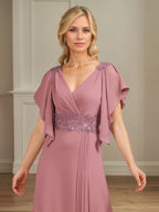 A-Linien V-Ausschnitt Appliziertes bodenlanges Kleid für die Brautmutter mit Rüschen