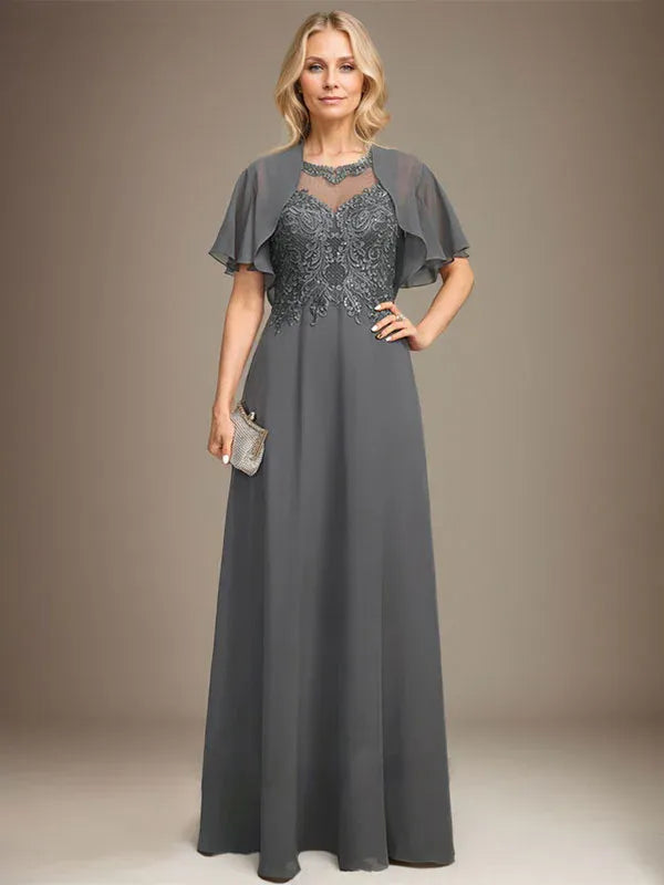 Vestido de madre de la novia de encaje y gasa con ilusión, escote redondo en línea A, largo hasta el suelo con lentejuelas