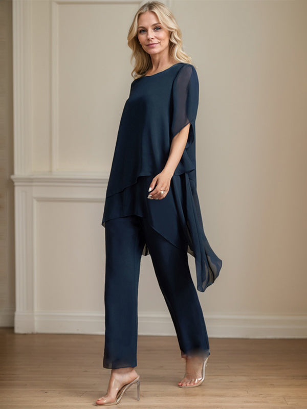 Mono/pantalón separado de gasa con escote redondo y largo hasta el tobillo para madre de la novia