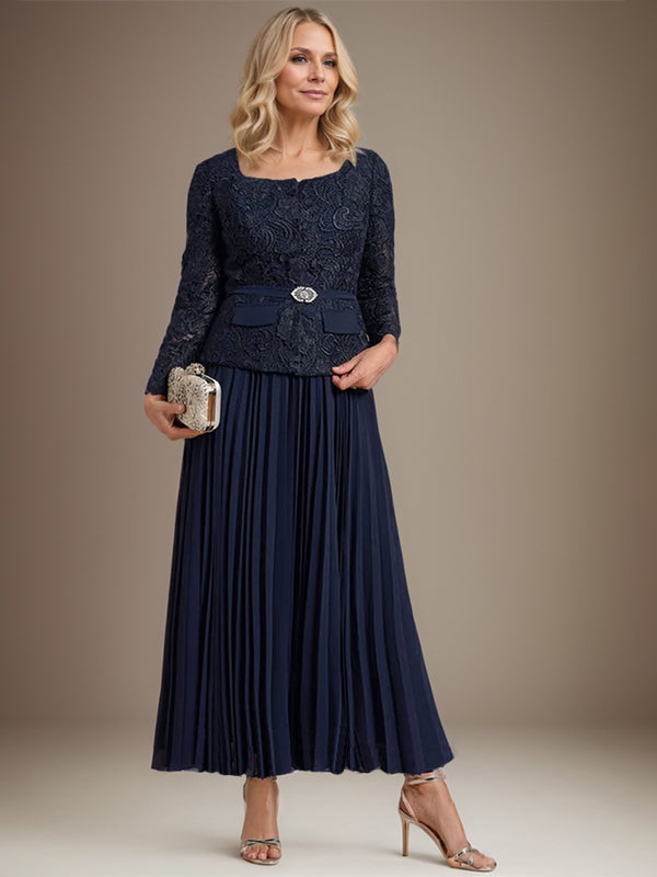 Abito da madre della sposa a linea A, scollo quadrato, lunghezza alla caviglia in chiffon con pieghe