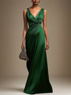 Green Satin V Neck Sleeveless Floor Length Formal Dress With Pleated