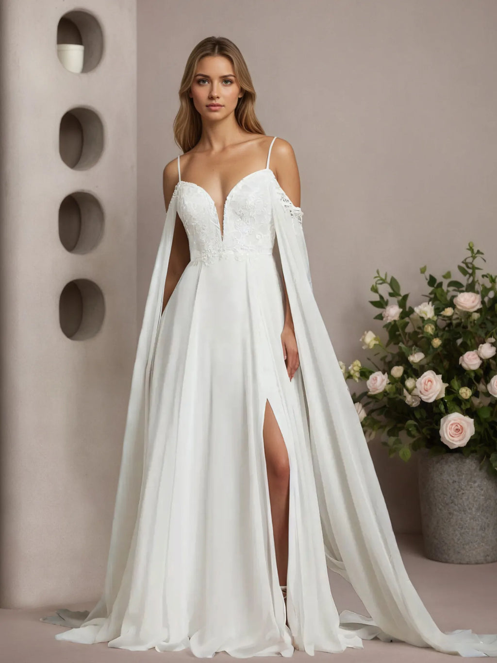 Vestido de novia blanco de gasa con lentejuelas sin mangas y escote off the shoulder en línea A