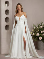 Vestido de novia blanco de gasa con lentejuelas sin mangas y escote off the shoulder en línea A