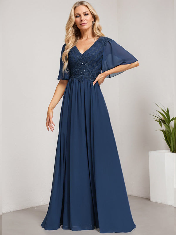 A-Linien V-Ausschnitt Bodenlanges Spitzen-Chiffon Kleid für die Brautmutter mit Pailletten