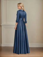 Vestido de madre de la novia de satén largo hasta el suelo, línea A, con escote en V, cuello, abalorios, lentejuelas 3D florales y plisados