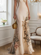 Abito sirena beige in raso floreale con scollo profondo a V e maniche corte