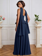 A-Linien Kleid, schulterfrei, ärmellos, plissiert aus Chiffon mit fallenden Rüschen