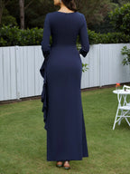 Kleid für die Mutter der Braut, marineblau, V-Ausschnitt, 3/4-Ärmel, Rüschen, Maxikleid