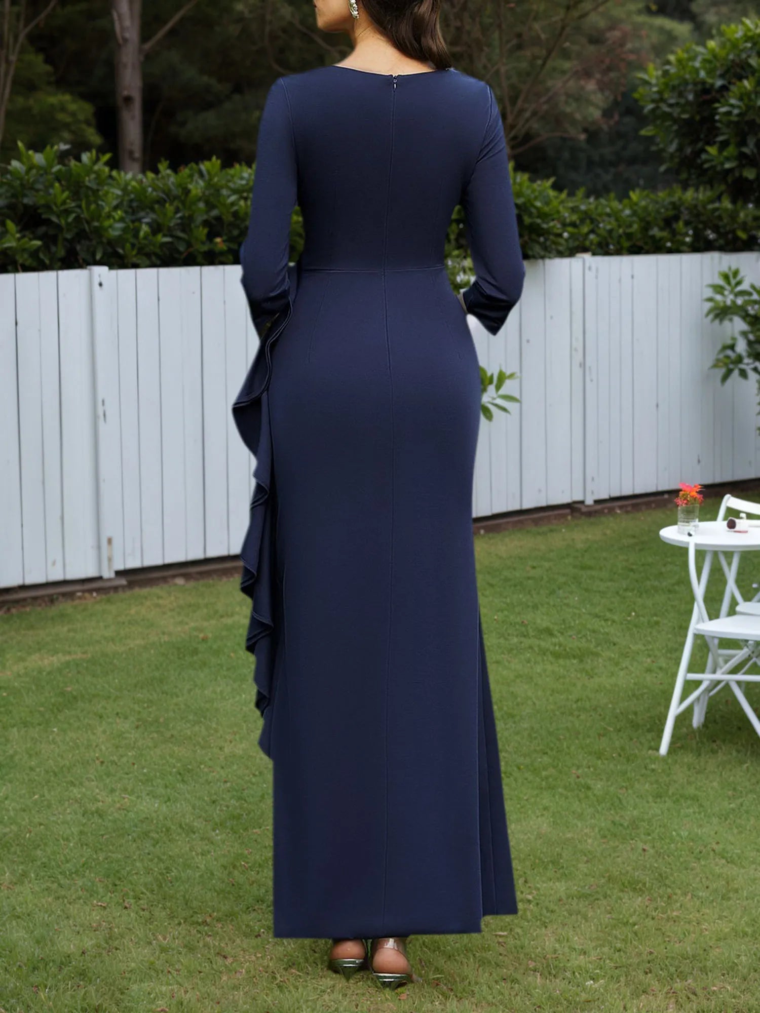 Kleid für die Mutter der Braut, marineblau, V-Ausschnitt, 3/4-Ärmel, Rüschen, Maxikleid