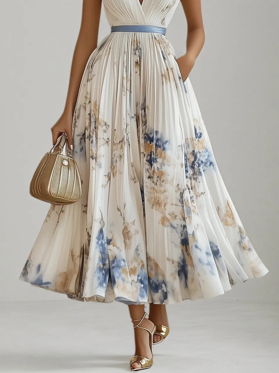 Abito midi bianco in chiffon plissettato con motivi floreali, scollo a V e senza maniche, linea a trapezio