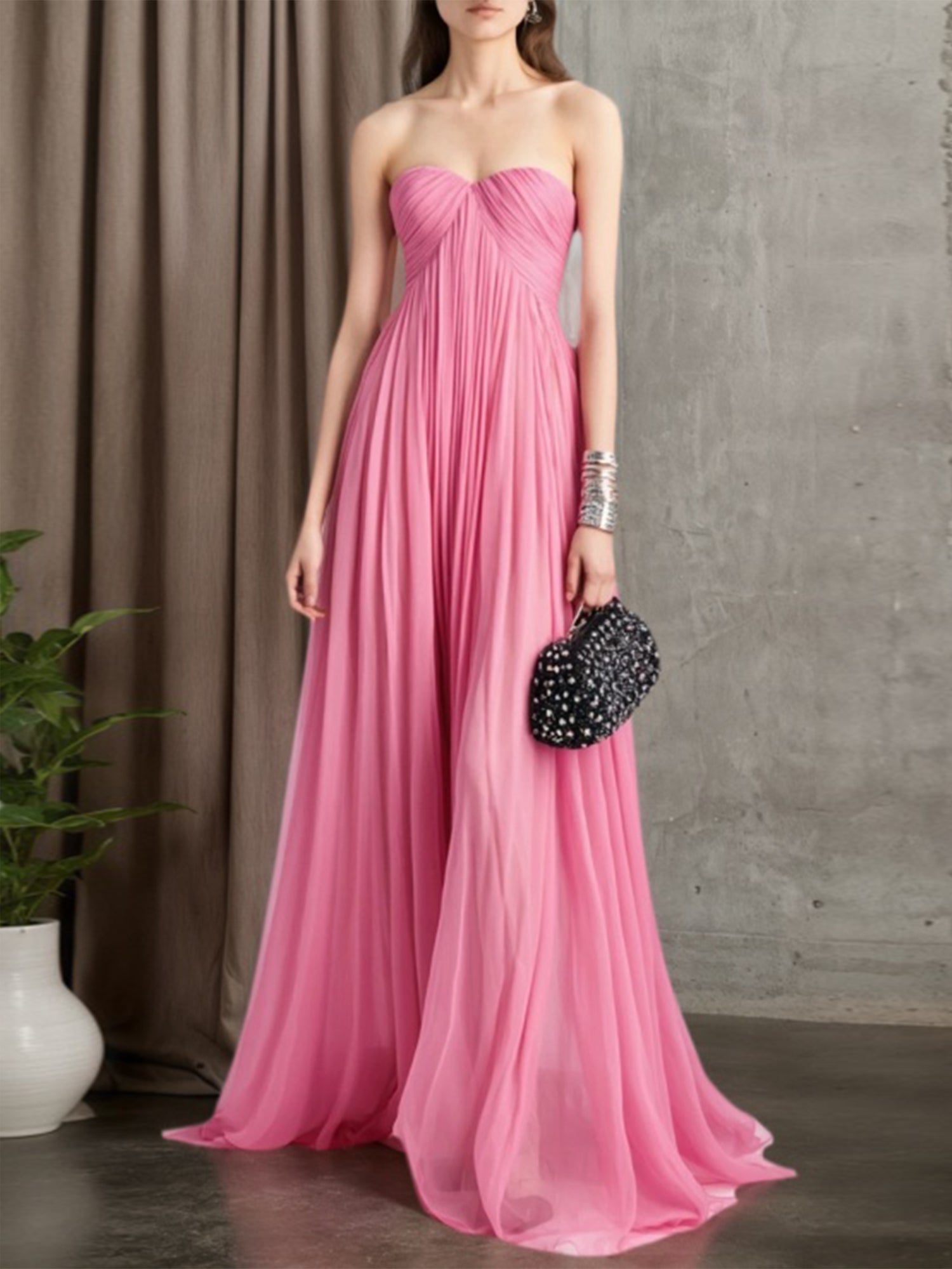 Holiday Evening Dress Pink Strapless Ruched Floor Chiffon Dress