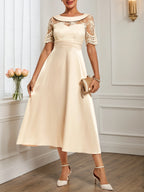 Beige Lace Satin Crew Neck Short Sleeve A-Line Midi Dress