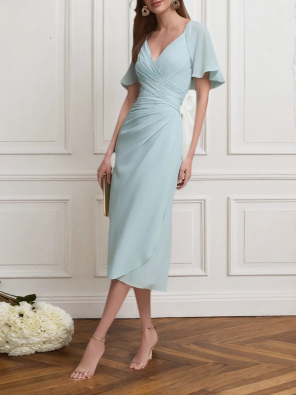 Hochzeitsgast Halbformelles Kleid hellblaues V-Ausschnitt Chiffon Midikleid