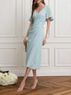 Hochzeitsgast Halbformelles Kleid hellblaues V-Ausschnitt Chiffon Midikleid