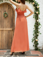 Orangerot gerafftes Chiffon Spaghettiträger ärmelloses A-Linien Maxikleid Brautjungfernkleid