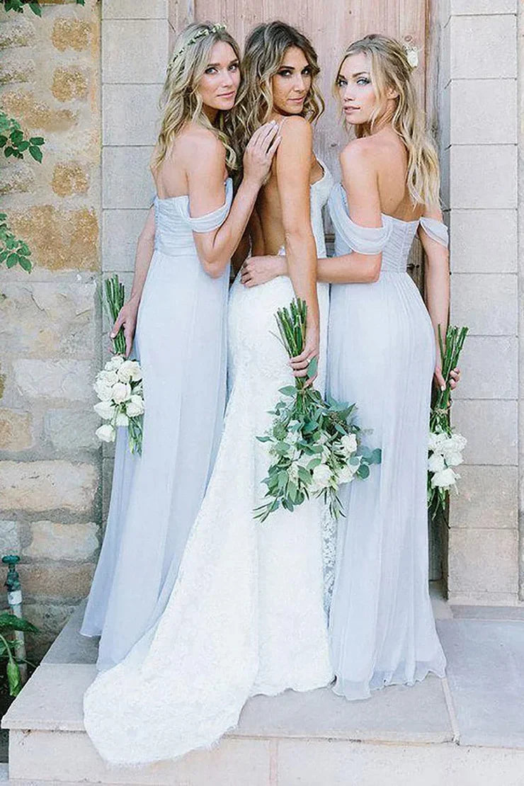 Light Blue A-Line Off the Shoulder Long Chiffon Boho Bridesmaid Dress – DUNALI