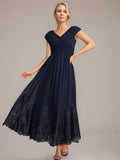 A-Linien V-Ausschnitt Knöchellanges Chiffon Kleid der Brautmutter mit Applikationen und Pailletten