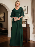 Etuikleid/Säule V-Ausschnitt bodenlanges Chiffon Mutter-der-Braut-Kleid mit plissierten Pailletten und Perlen
