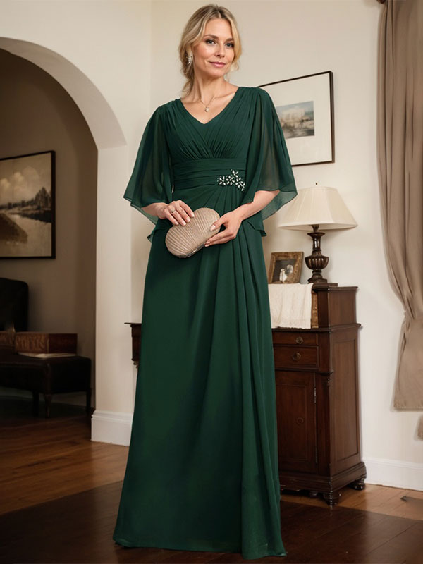 Etuikleid/Säule V-Ausschnitt bodenlanges Chiffon Mutter-der-Braut-Kleid mit plissierten Pailletten und Perlen