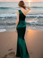 Robe de soirée maxi sirène en satin vert émeraude à une épaule