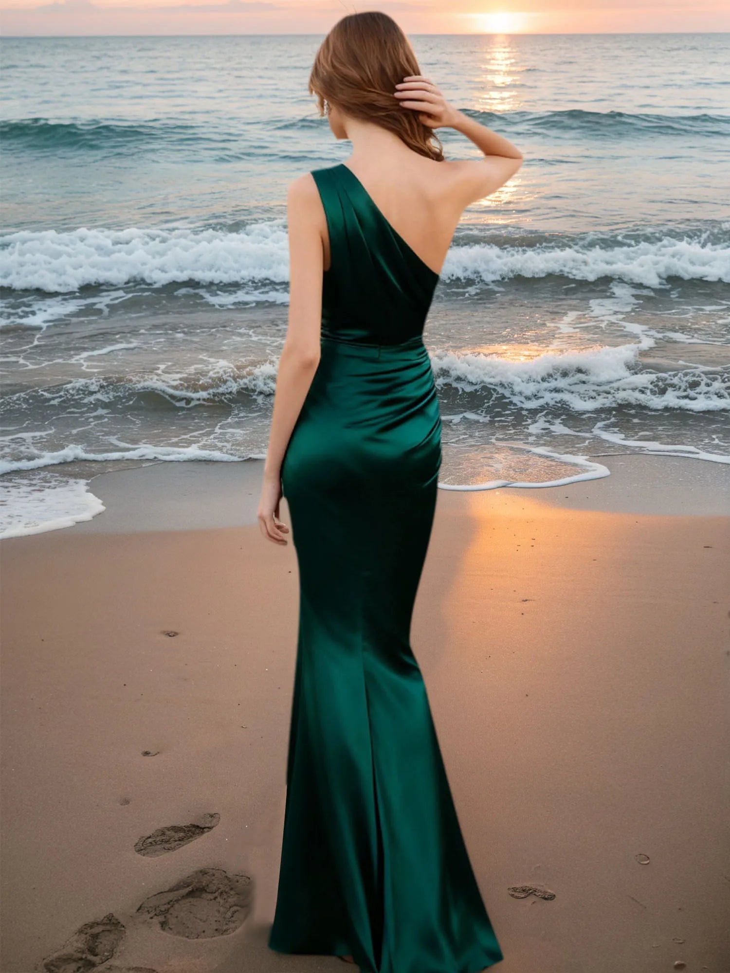 Robe de soirée maxi sirène en satin vert émeraude à une épaule