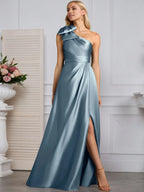 Vestido de madre de la novia línea A con un solo hombro, satinado elástico y lazo