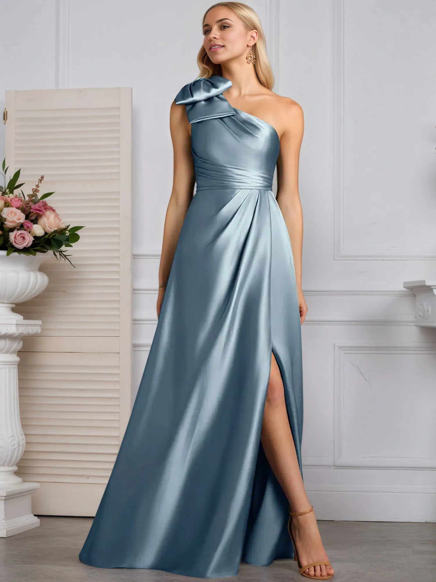 Vestido de madre de la novia línea A con un solo hombro, satinado elástico y lazo